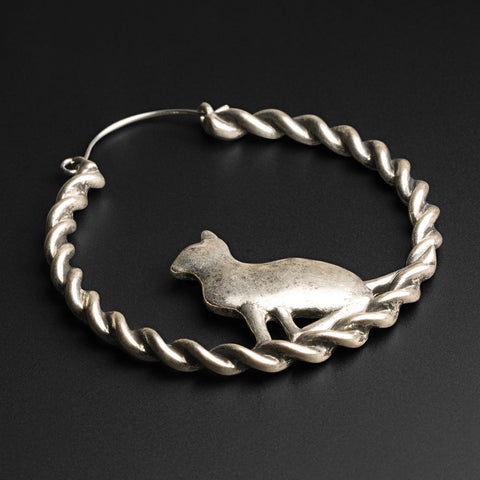 Sitting Cat Antique Silver Plug Hoops