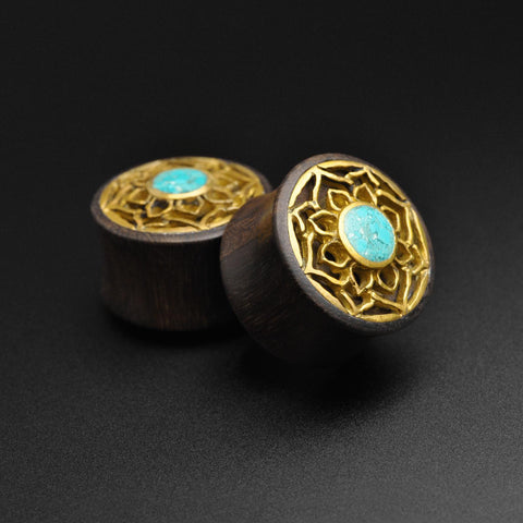 Sono Wood Double Flare Plug With Brass Lotus & Crushed Turquoise Inlay