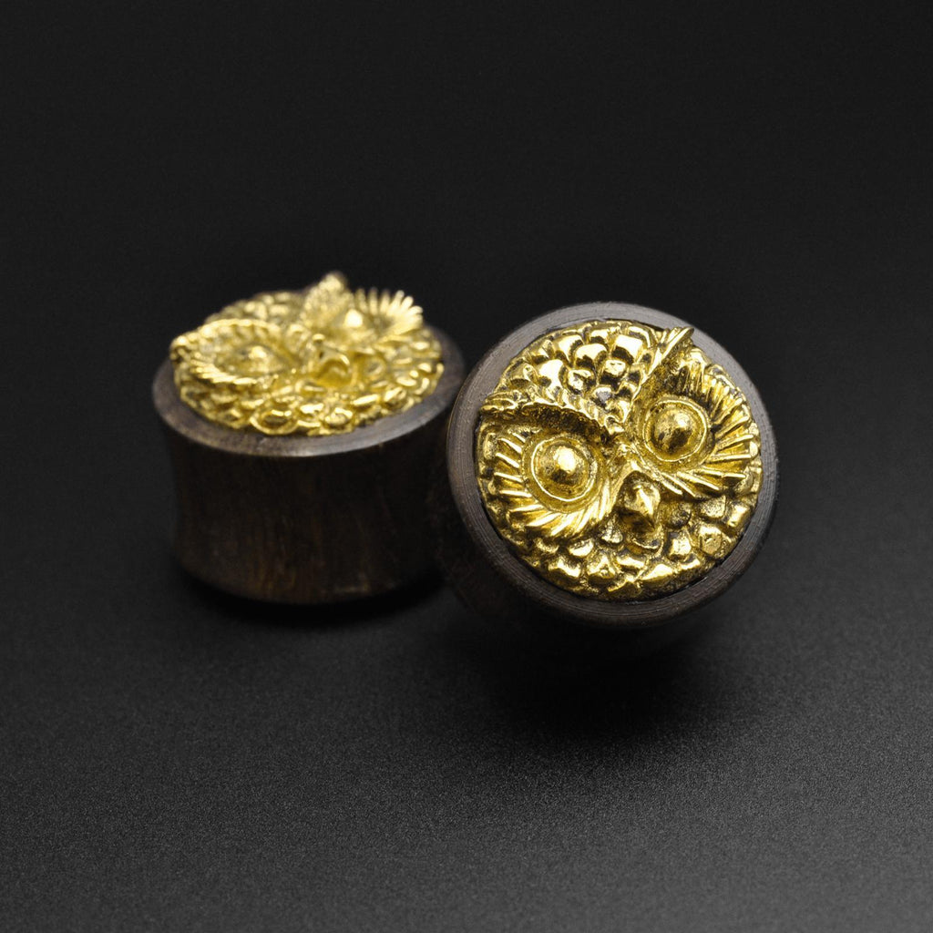Sono Wood Double Flare Plug With Brass Owl Inlay