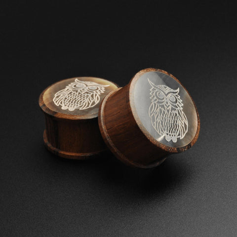 Sono Wood Double Flare Plug With Owl Engraved Black MOP Inlay