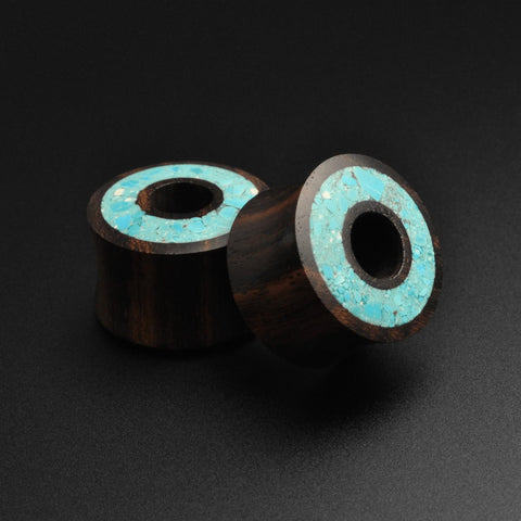 Sono Wood Double Flare Tunnel With Crushed Turquoise Halo Inlay