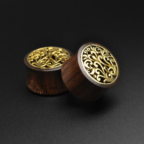 Sono Wood Double Flare Tunnel With Floral Brass Inlay